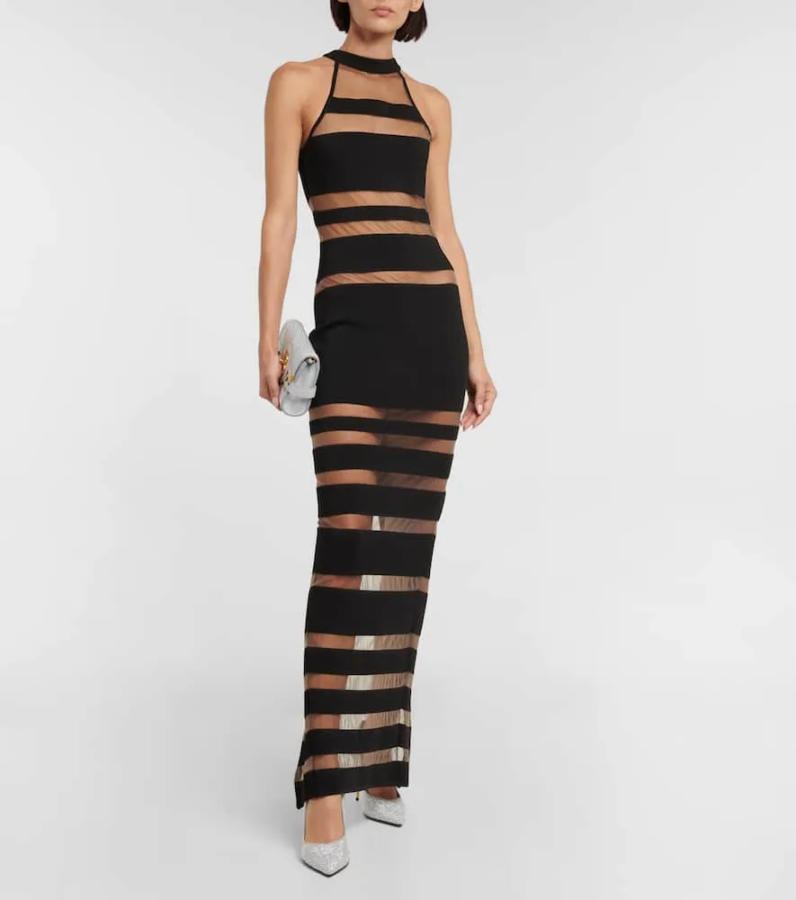 Balmain Halterneck mesh-paneled gown