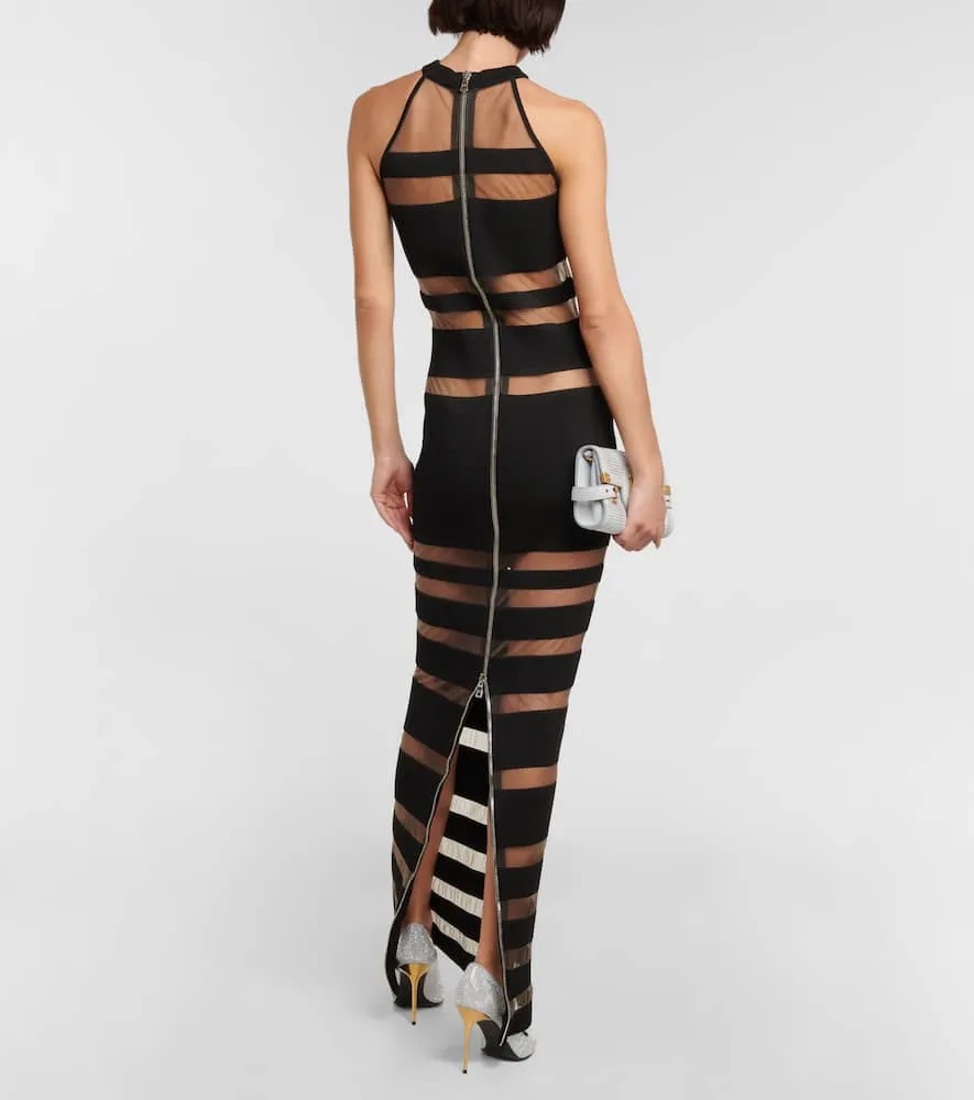 Balmain Halterneck mesh-paneled gown
