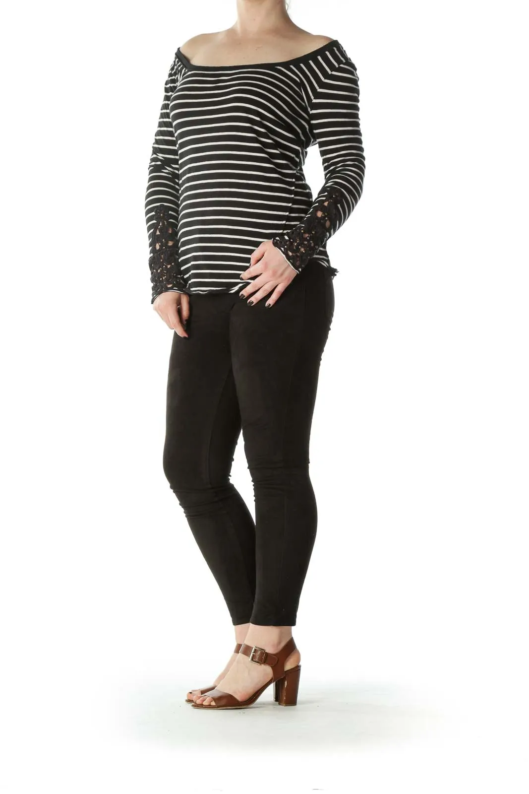 Black and White Striped Off-Shoulder Top
