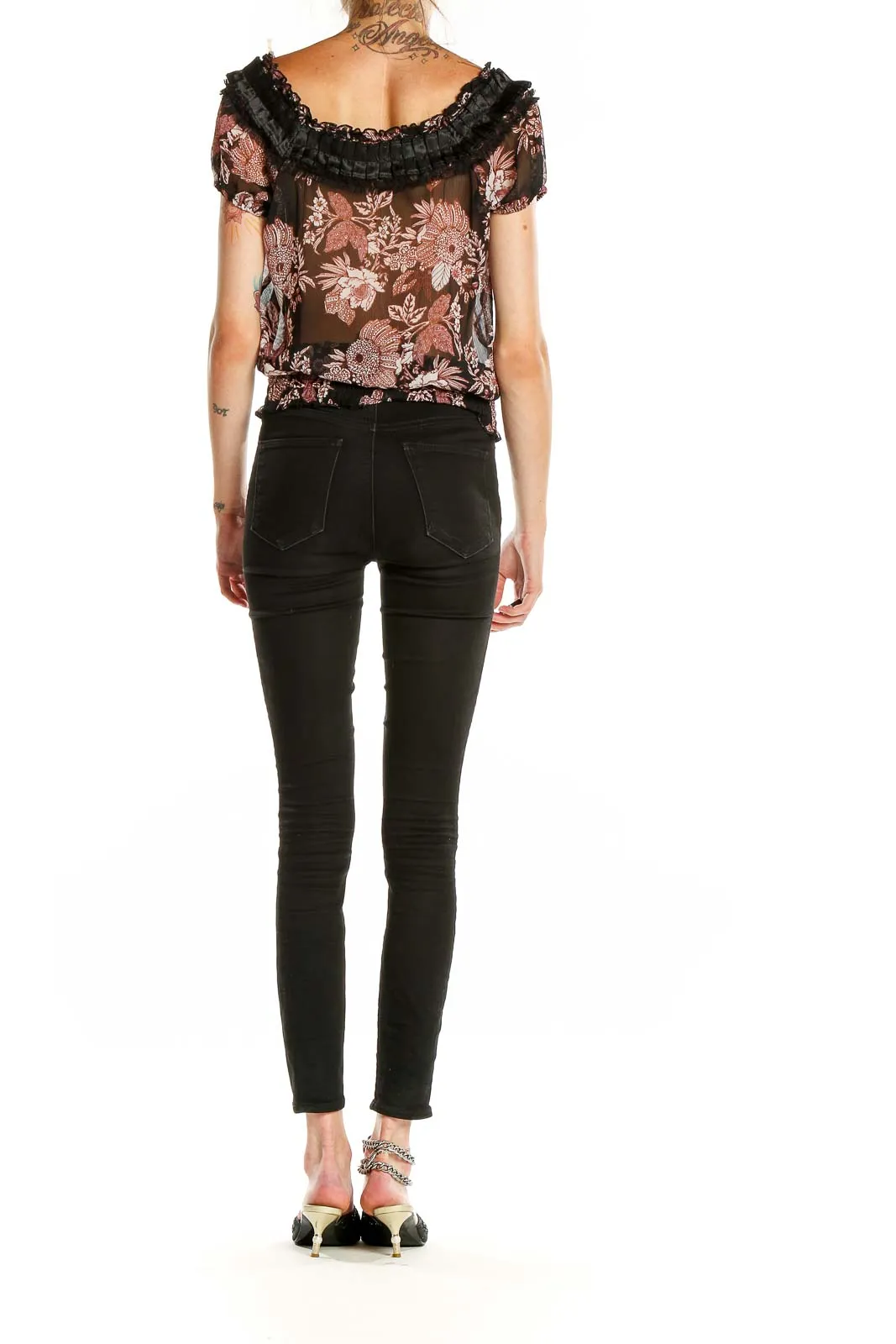 Black Floral Sheer Off-Shoulder Crop Top