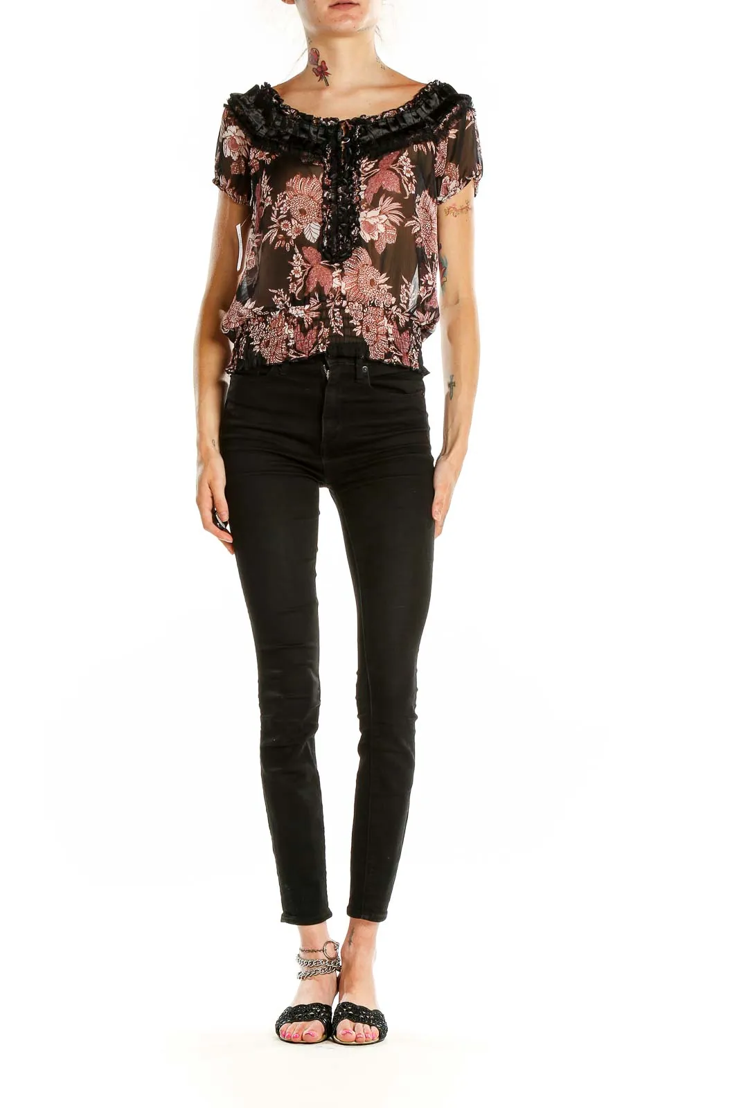 Black Floral Sheer Off-Shoulder Crop Top