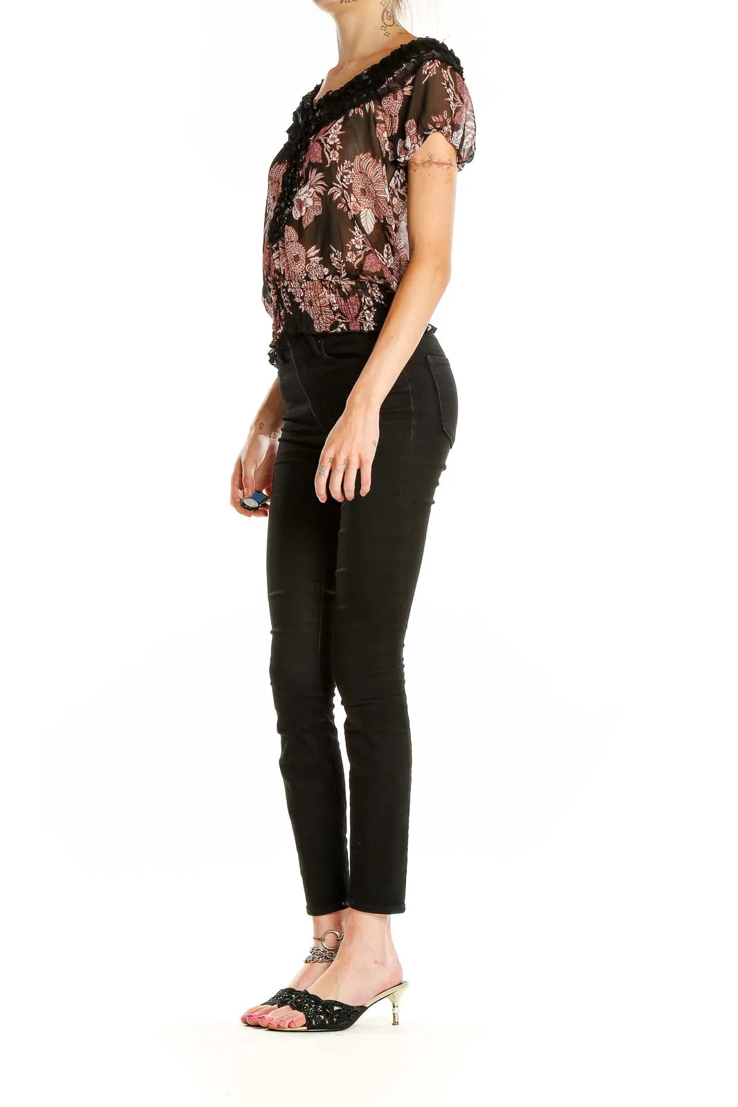Black Floral Sheer Off-Shoulder Crop Top