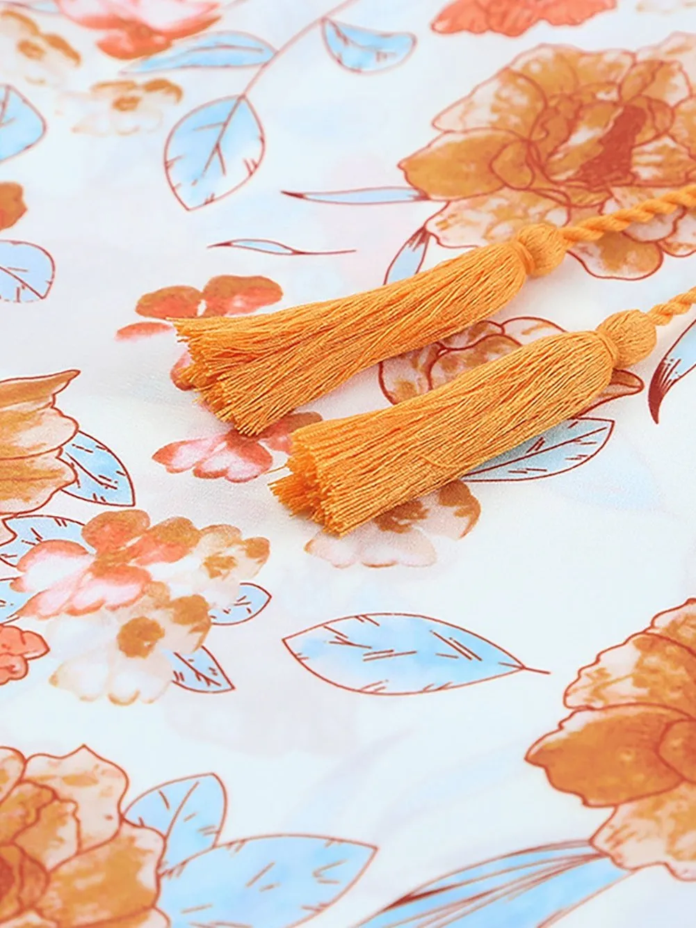 Bohemian Orange Floral V Neck Blouse with Tassel Detail
