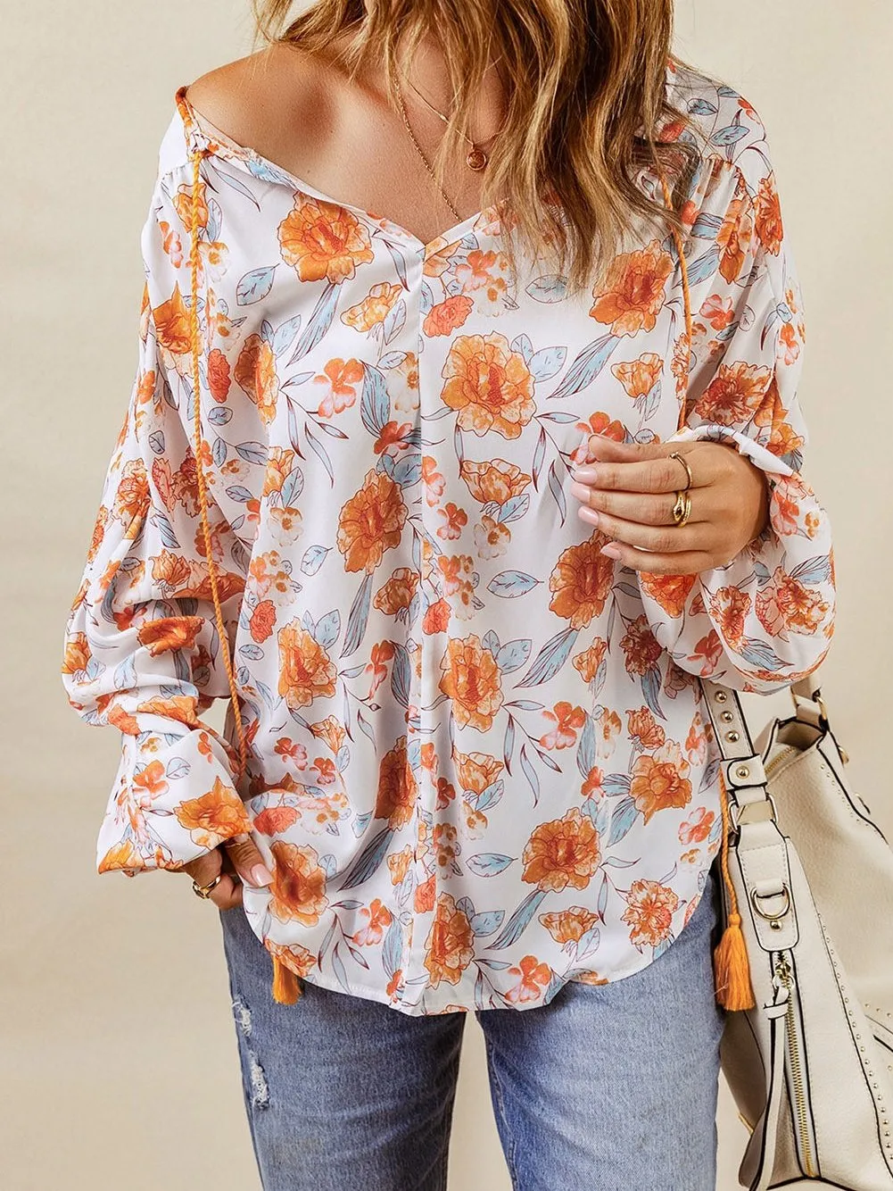Bohemian Orange Floral V Neck Blouse with Tassel Detail