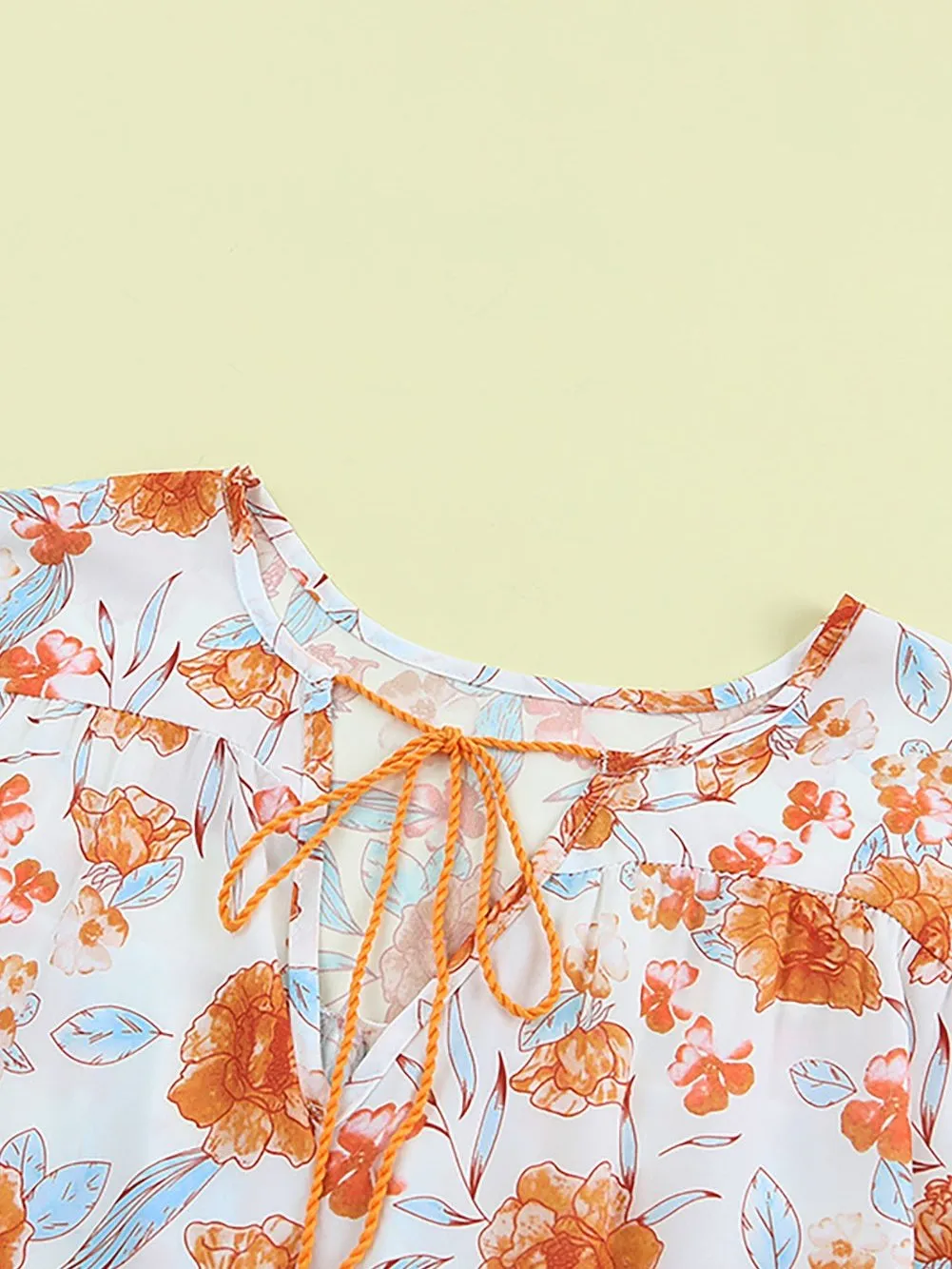 Bohemian Orange Floral V Neck Blouse with Tassel Detail