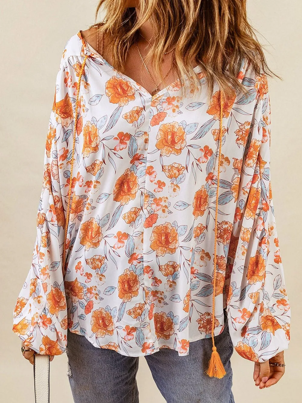 Bohemian Orange Floral V Neck Blouse with Tassel Detail