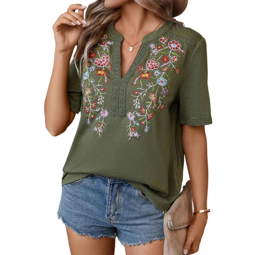 Boho-Chic Women's Embroidered Floral Blouse