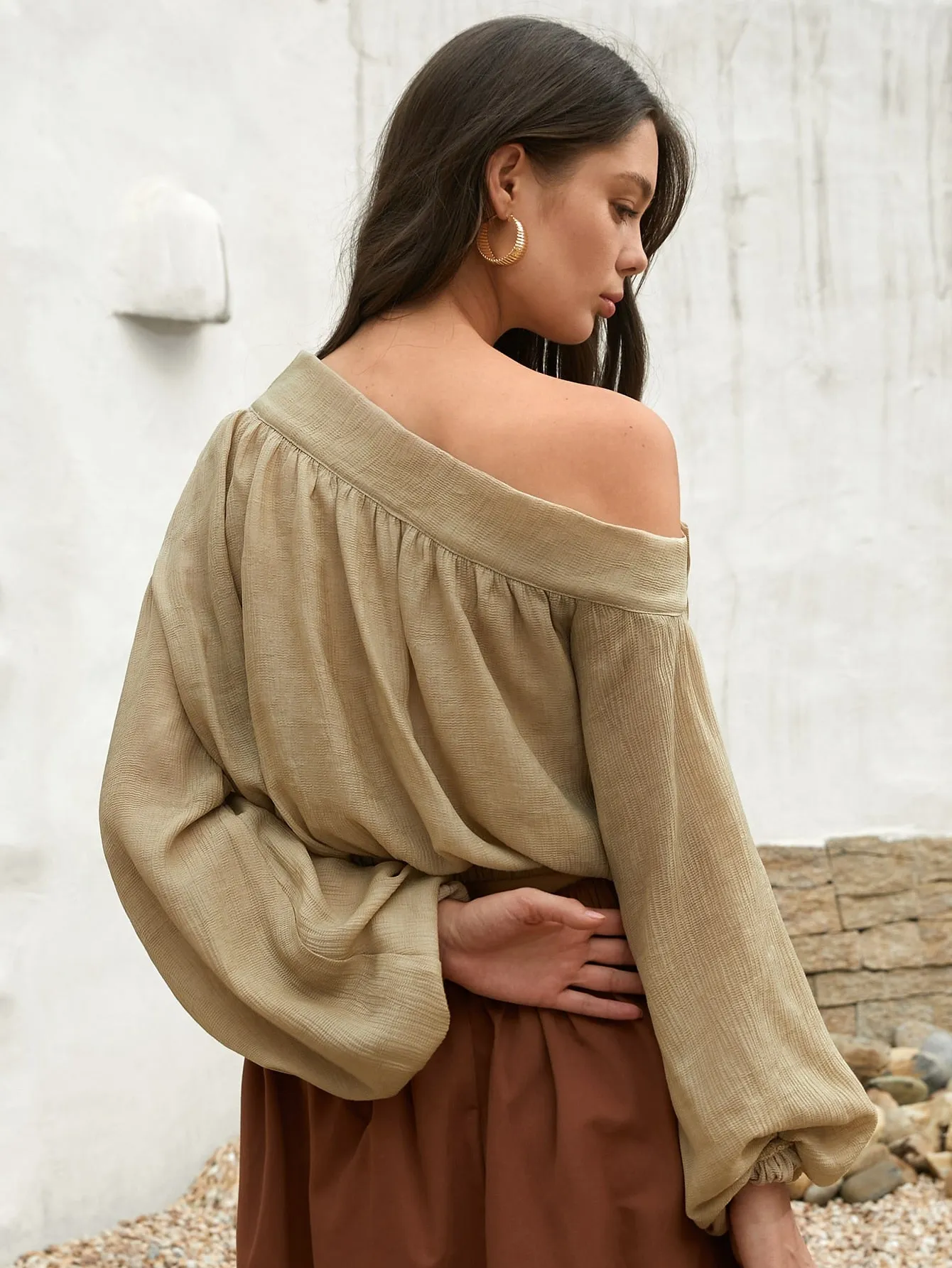 Boho Plain Cut Out Long Sleeve One Shoulder Regular Blouse