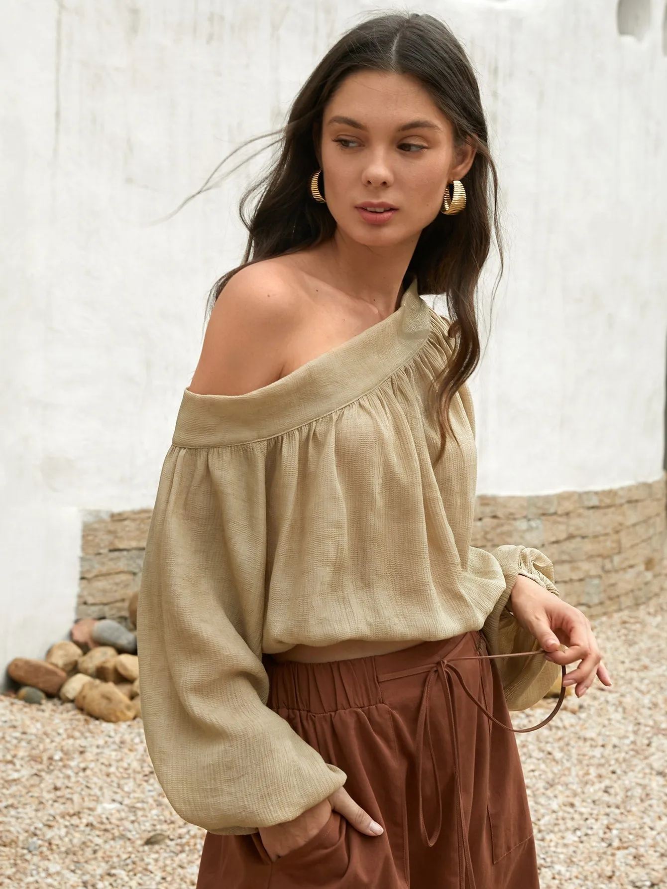 Boho Plain Cut Out Long Sleeve One Shoulder Regular Blouse