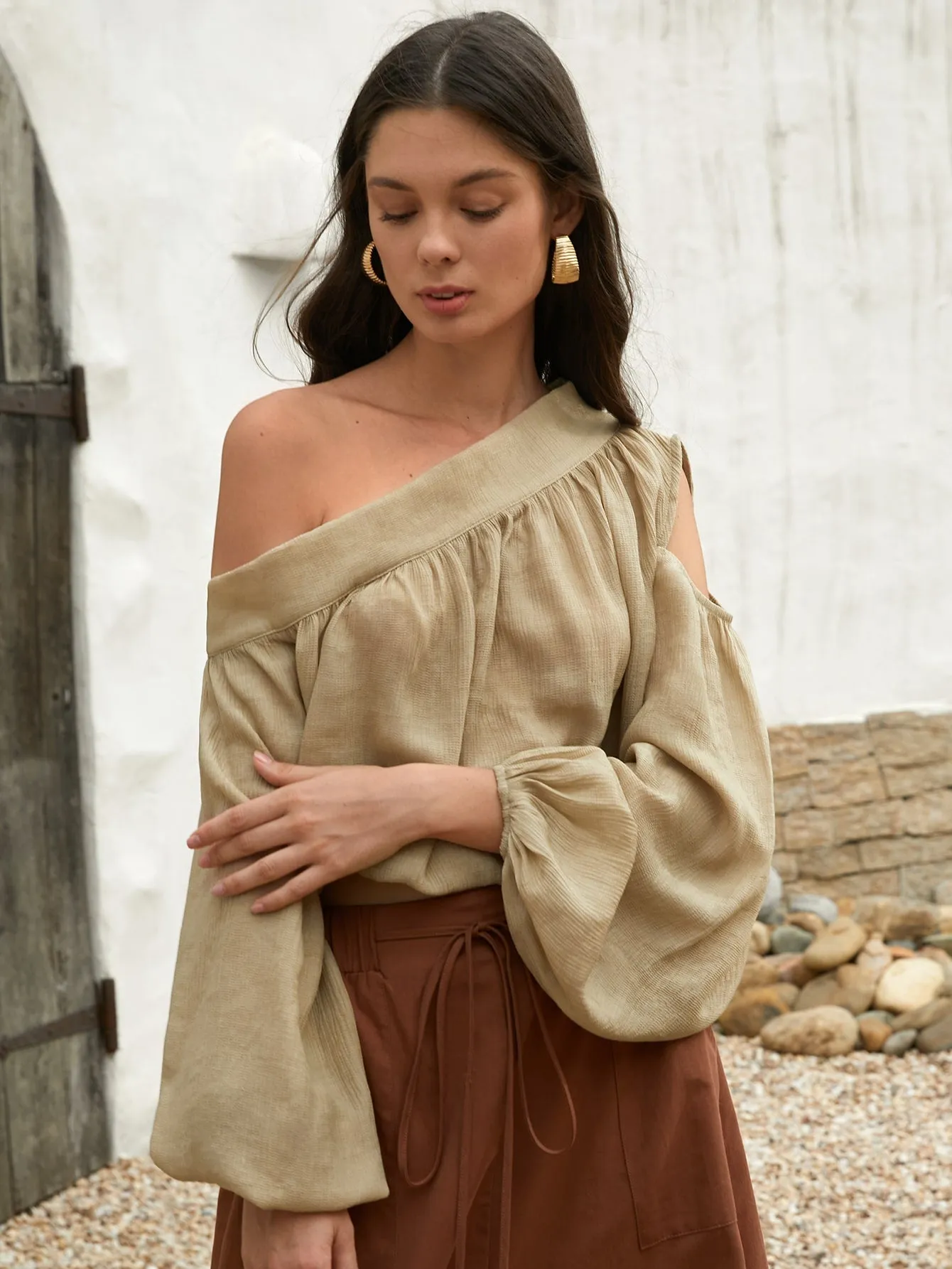 Boho Plain Cut Out Long Sleeve One Shoulder Regular Blouse