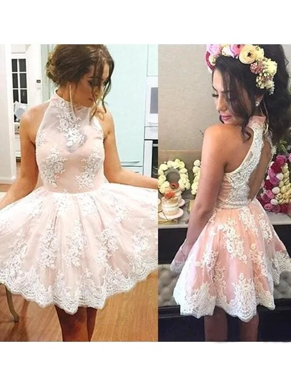 Bridelily A-Line Lace High Neck Sleeveless Short/Mini With Applique Dresses