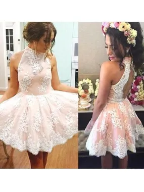 Bridelily A-Line Lace High Neck Sleeveless Short/Mini With Applique Dresses