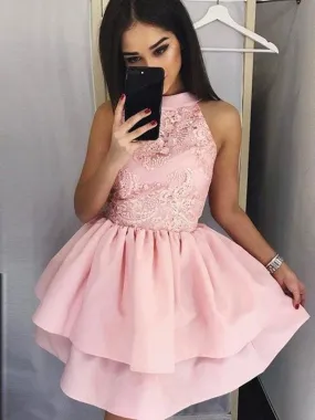 Bridelily A-Line Lace Jewel Sleeveless Satin Short/Mini Dresses