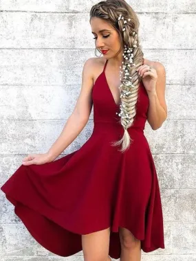 Bridelily A-Line Sleeveless Halter Ruffles Knee-Length Burgundy Dresses