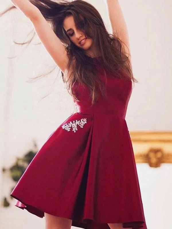 Bridelily A-Line Sleeveless Sheer Neck With Beading Satin Short/Mini Dresses