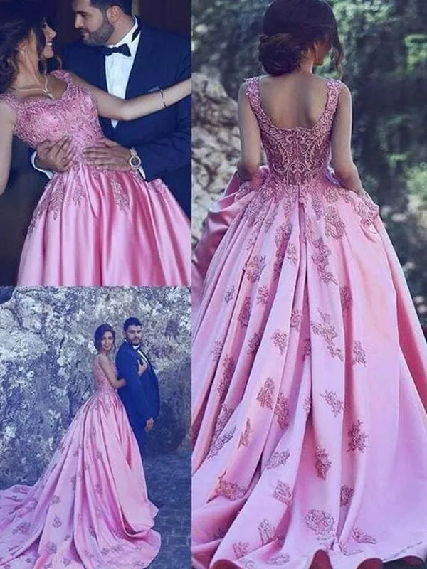 Bridelily A-Line Sweetheart Sleeveless Sweep/Brush Train With Applique Satin Dresses