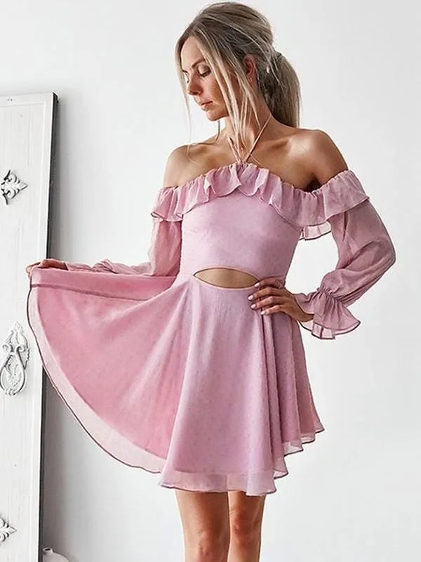 Bridelily A-Line With Ruffles Off-the-Shoulder Chiffon Long Sleeves Short/Mini Dresses