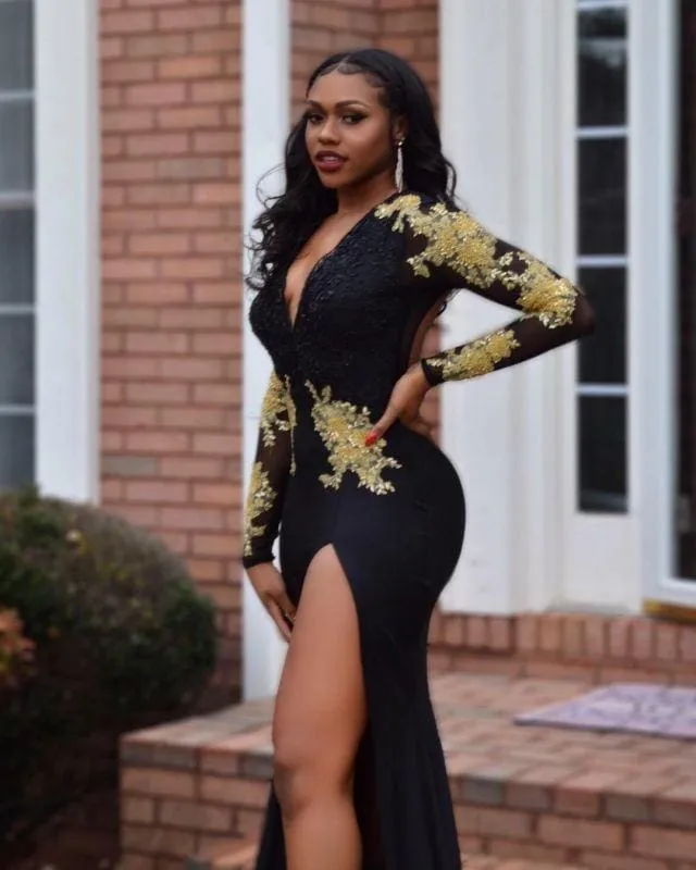 Bridelily Black Long Sleeve Prom Dress | 2019 Gold Appliques Mermaid Evening Dress