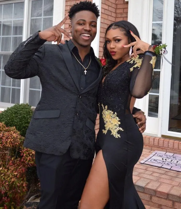 Bridelily Black Long Sleeve Prom Dress | 2019 Gold Appliques Mermaid Evening Dress