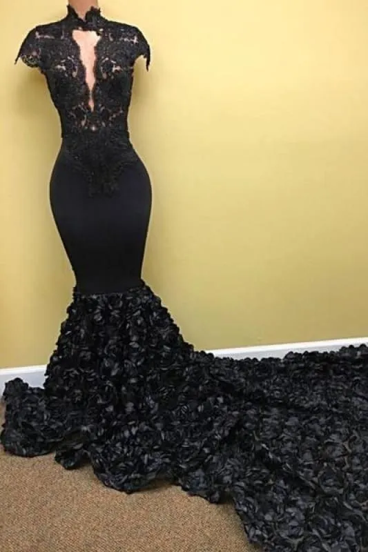 Bridelily Black Mermaid High V-Neck Flowers-Train Evening Gowns