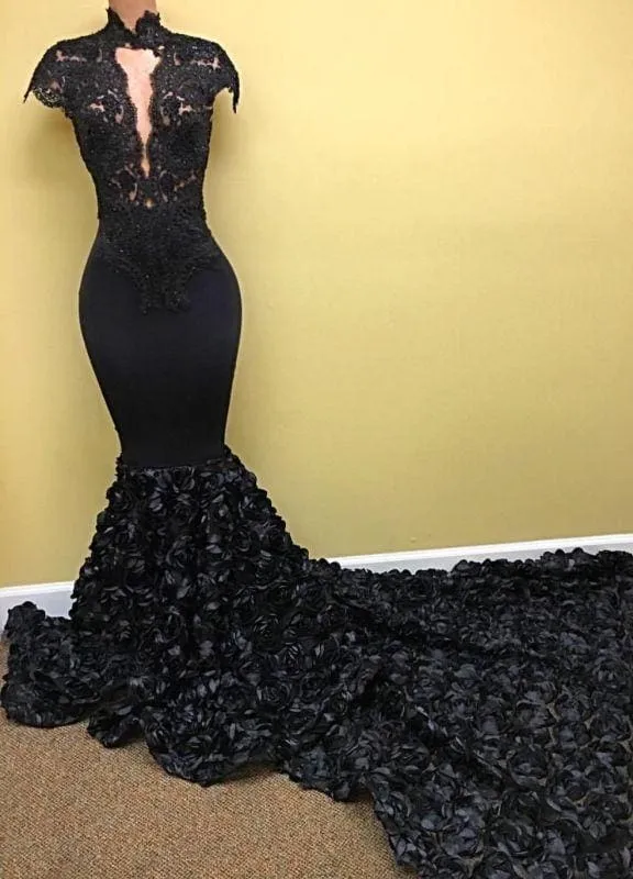 Bridelily Black Mermaid High V-Neck Flowers-Train Evening Gowns