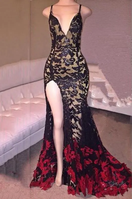 Bridelily Black Red Lace Spaghettis-Straps Side-Slit Mermaid Prom Dresses