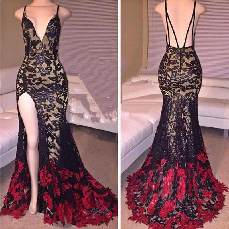Bridelily Black Red Lace Spaghettis-Straps Side-Slit Mermaid Prom Dresses