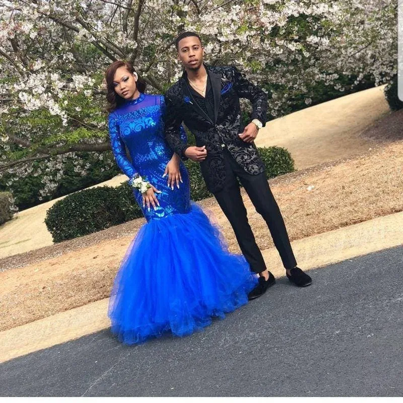 Bridelily Royal-Blue Mermaid Prom Dress | Long Sleeve Sequins Party Gowns BK0