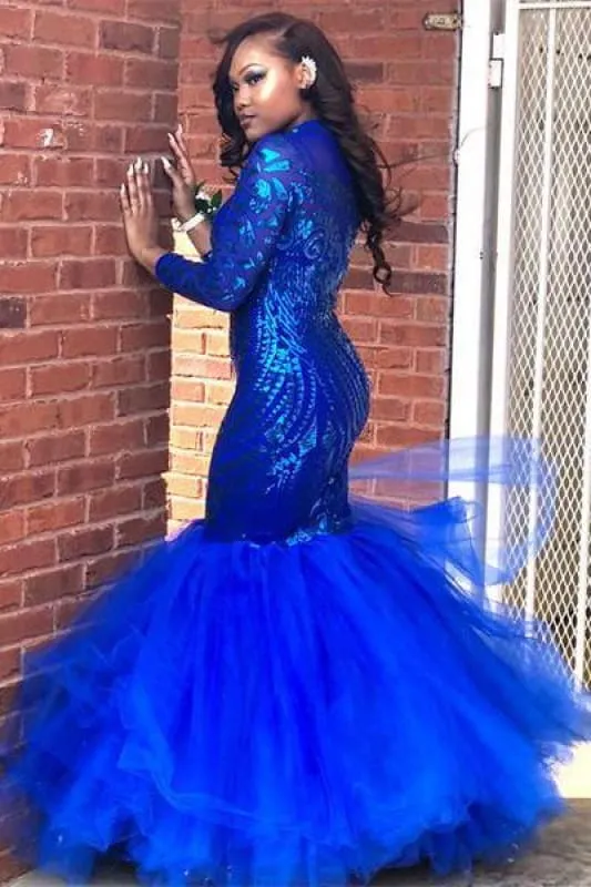 Bridelily Royal-Blue Mermaid Prom Dress | Long Sleeve Sequins Party Gowns BK0