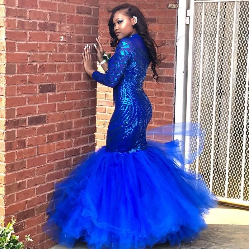 Bridelily Royal-Blue Mermaid Prom Dress | Long Sleeve Sequins Party Gowns BK0