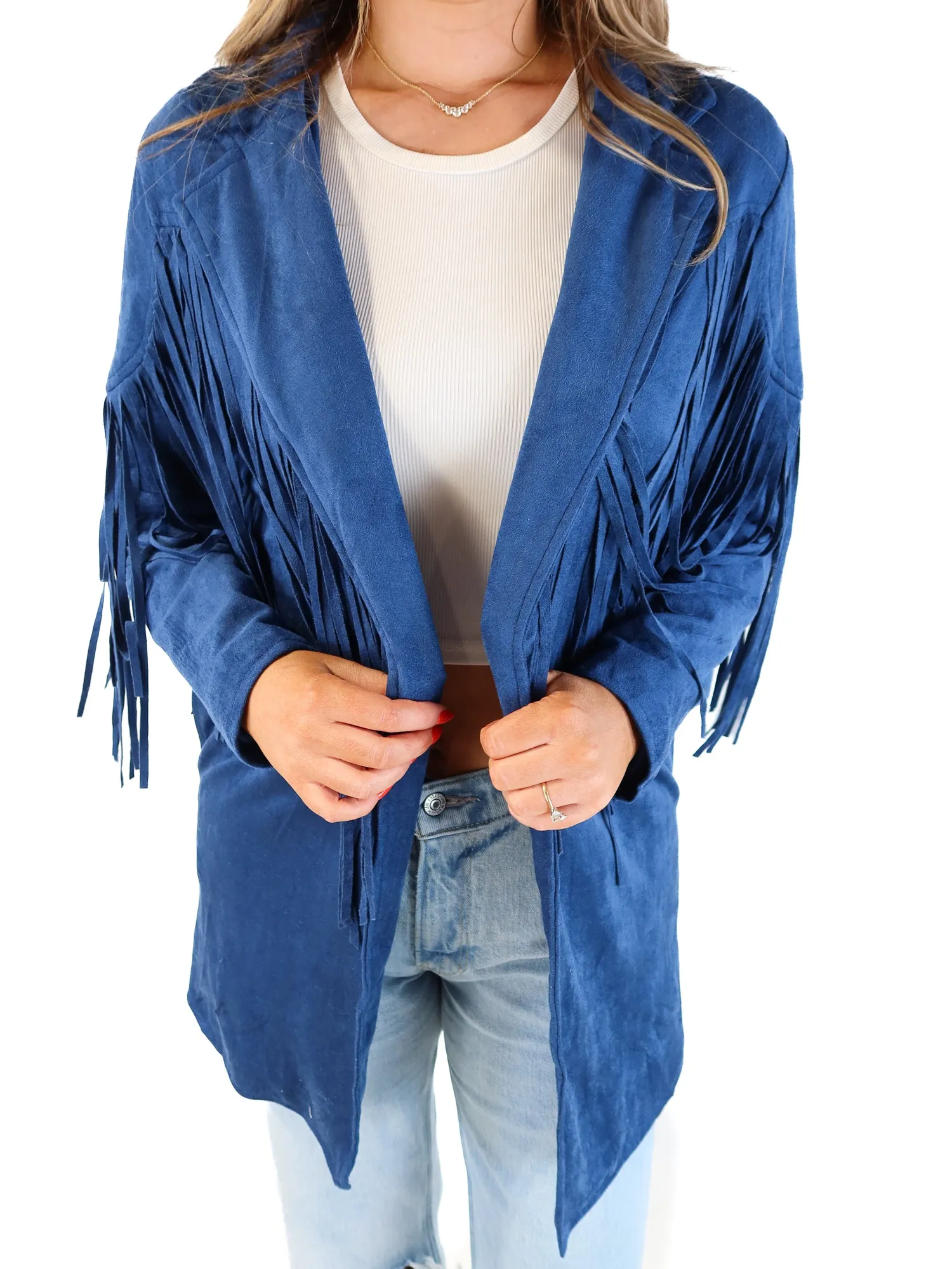 Buddy love blue vegan suede fringe jacket (s; retails for $80)