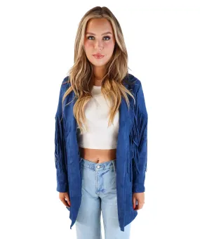 Buddy love blue vegan suede fringe jacket (s; retails for $80)