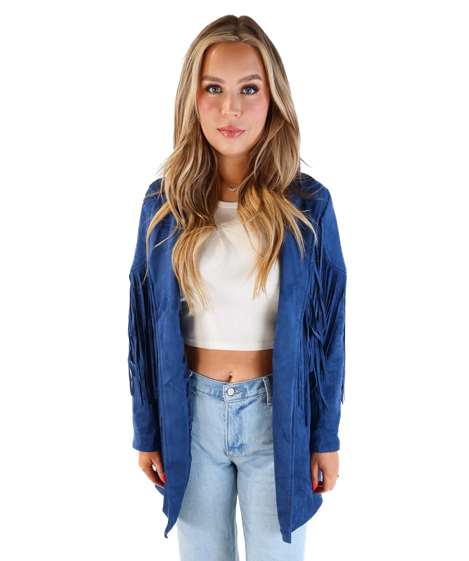 Buddy love blue vegan suede fringe jacket (s; retails for $80)