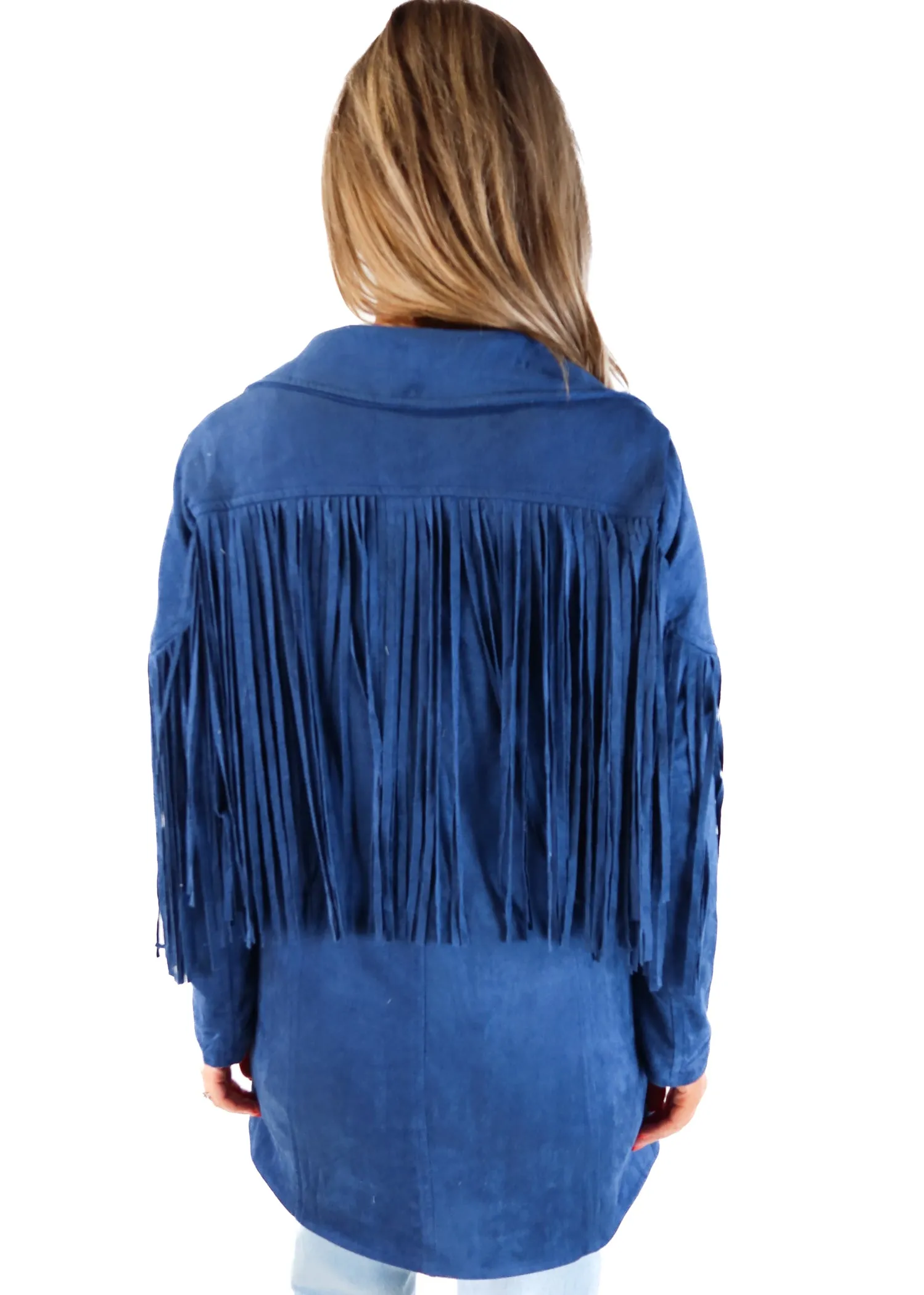Buddy love blue vegan suede fringe jacket (s; retails for $80)