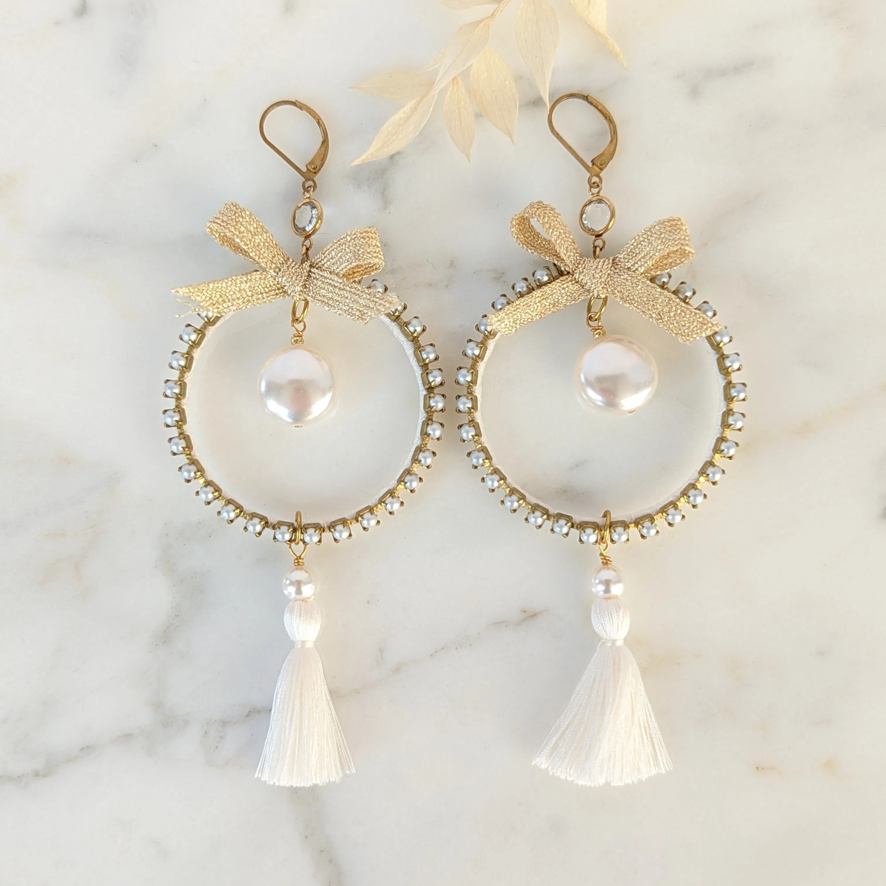 CHERYL Pearl Hoop and Tassel Bridal Earrings