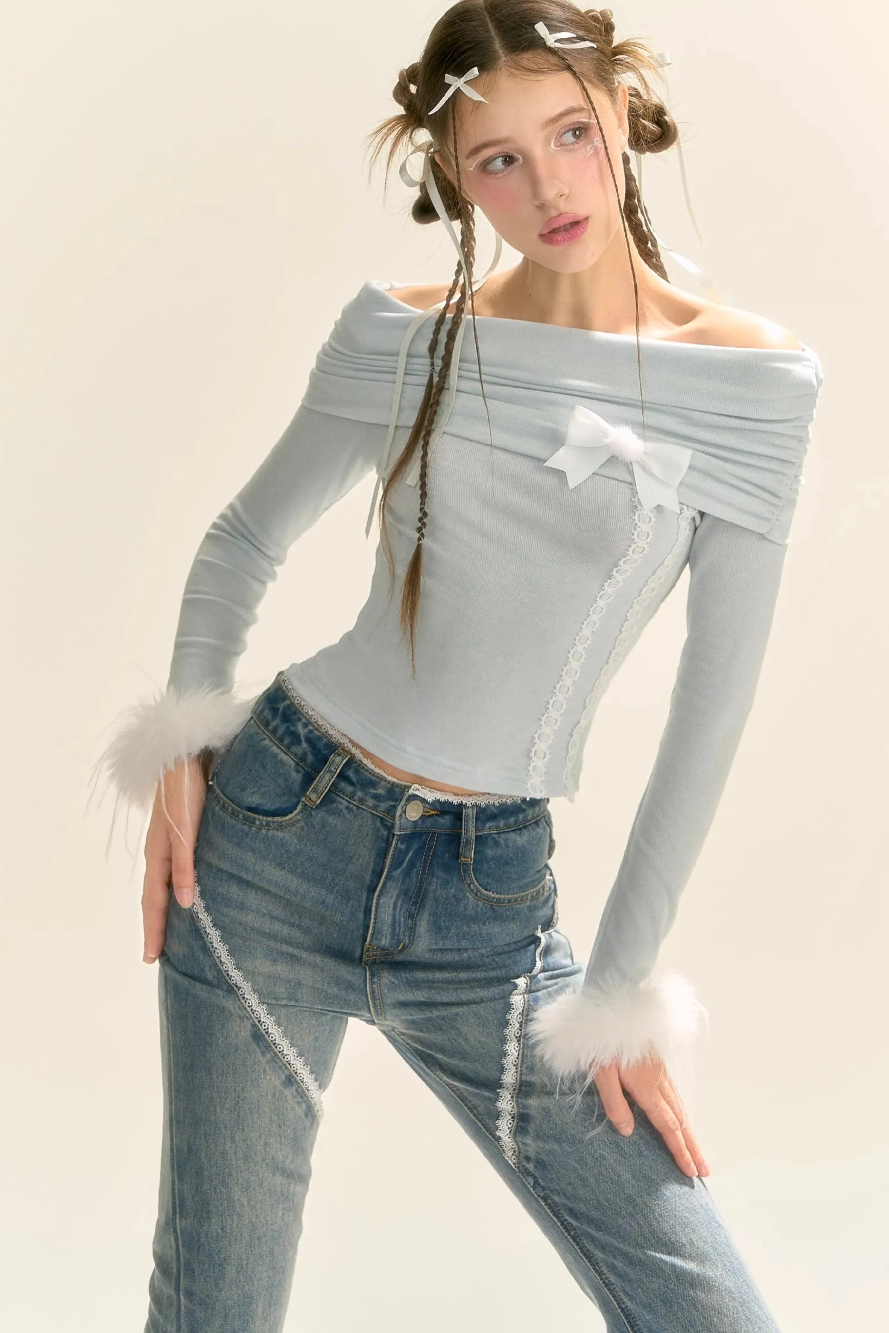 Christmas Shearling Off-Shoulder Top