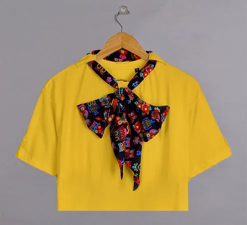 Classy Knot Neck Tie Cropped Tees : Yellow