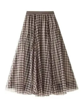 FAIRYTALE 3 LAYER TULLE MESH SKIRT CHECK CHOCOLATE