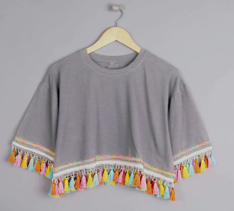 Foggy Delight: Multicolored Tassel Trim Tops