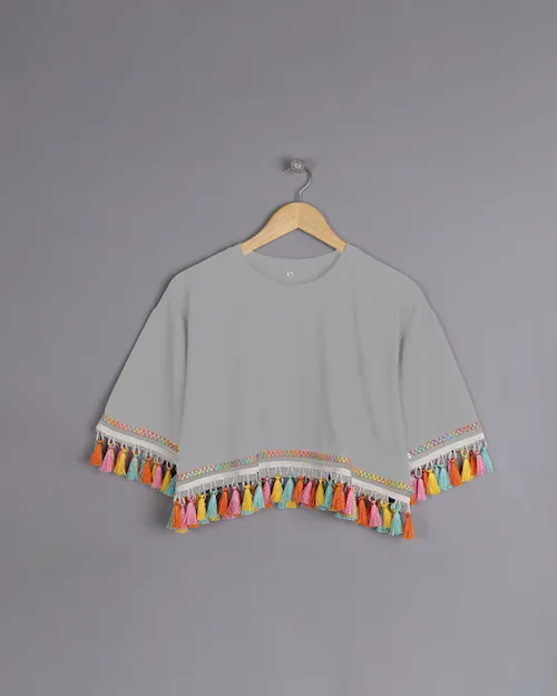 Foggy Delight: Multicolored Tassel Trim Tops