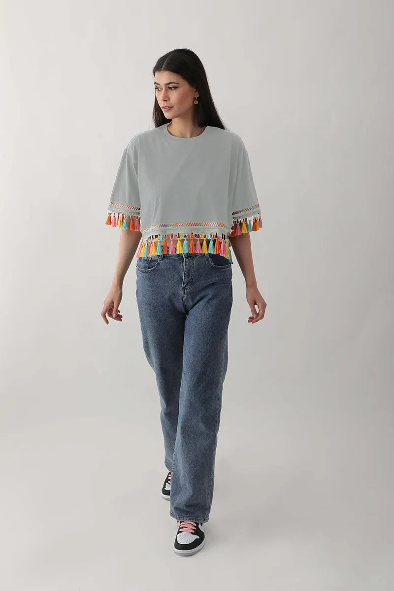 Foggy Delight: Multicolored Tassel Trim Tops
