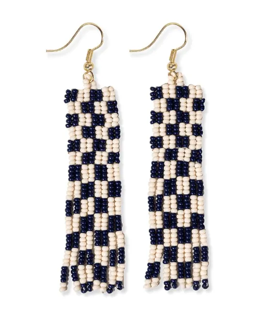 Harriet Woven Top Gingham Beaded Fringe Earrings- Navy