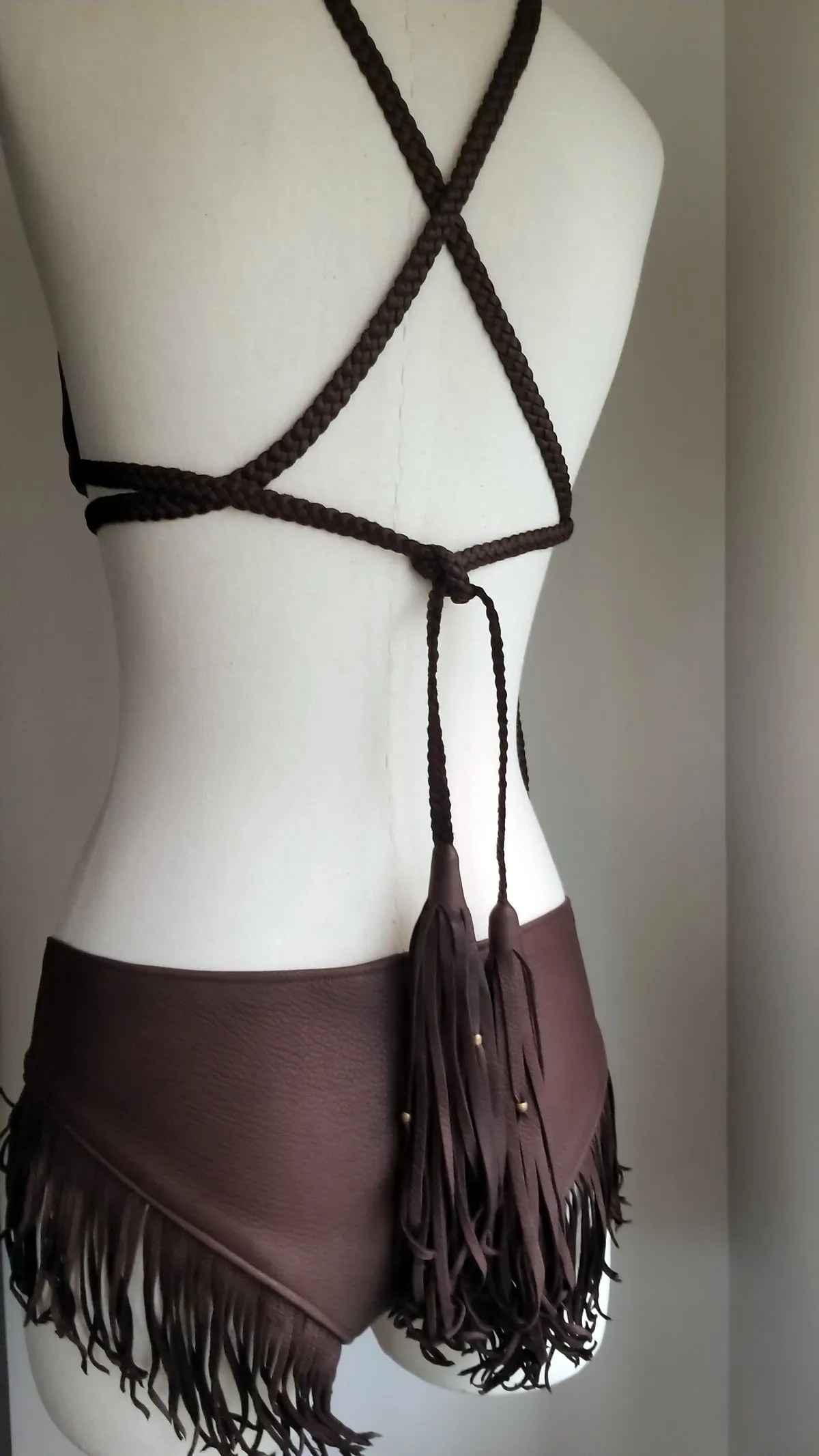 Kyra Leather Bikini Set, Fringe Booty Shorts and Bikini Top | Deerskin Lace Up Front Top & Bottom