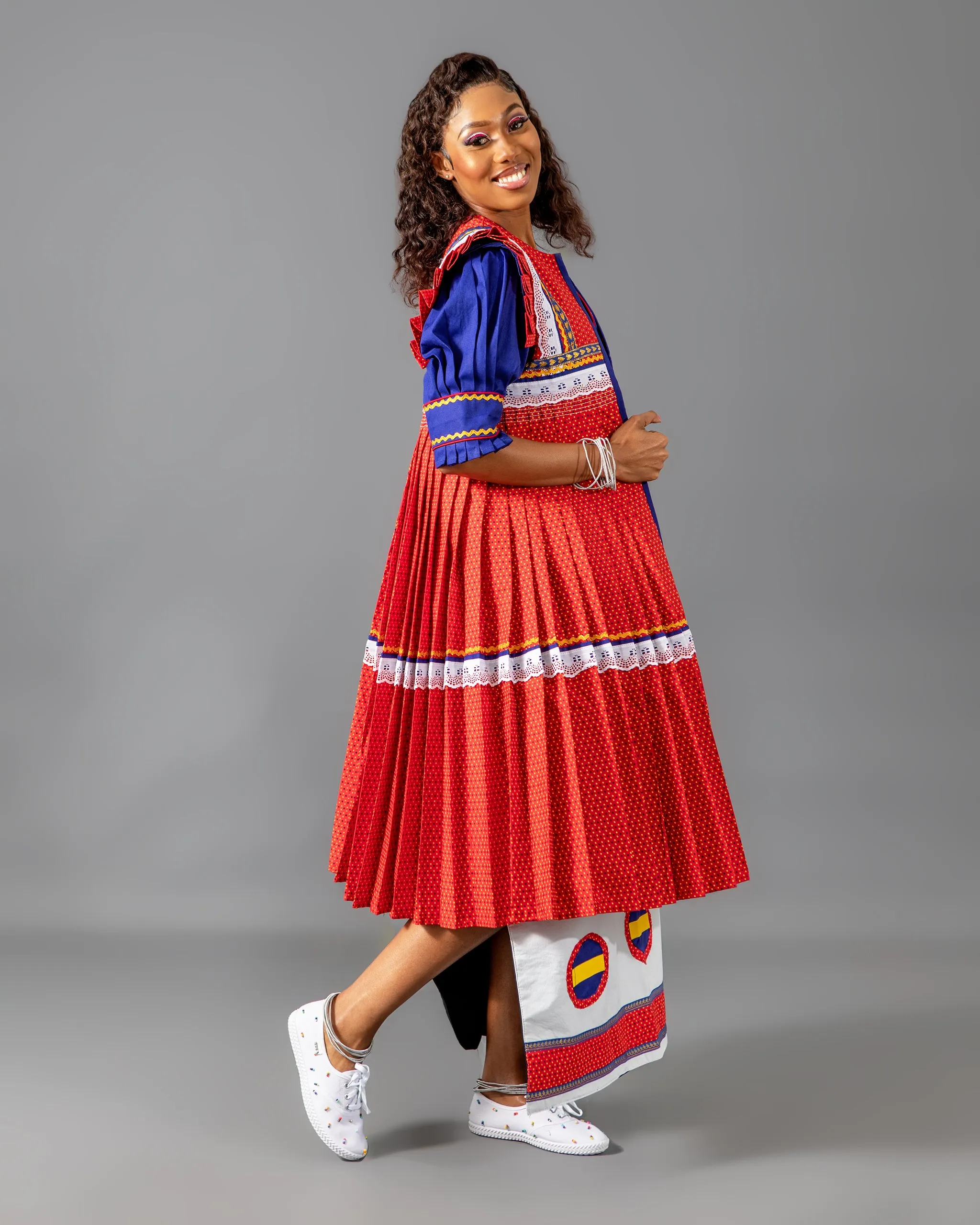 Mogoshadi Pleated Bridal Dress Set in Blue & Red