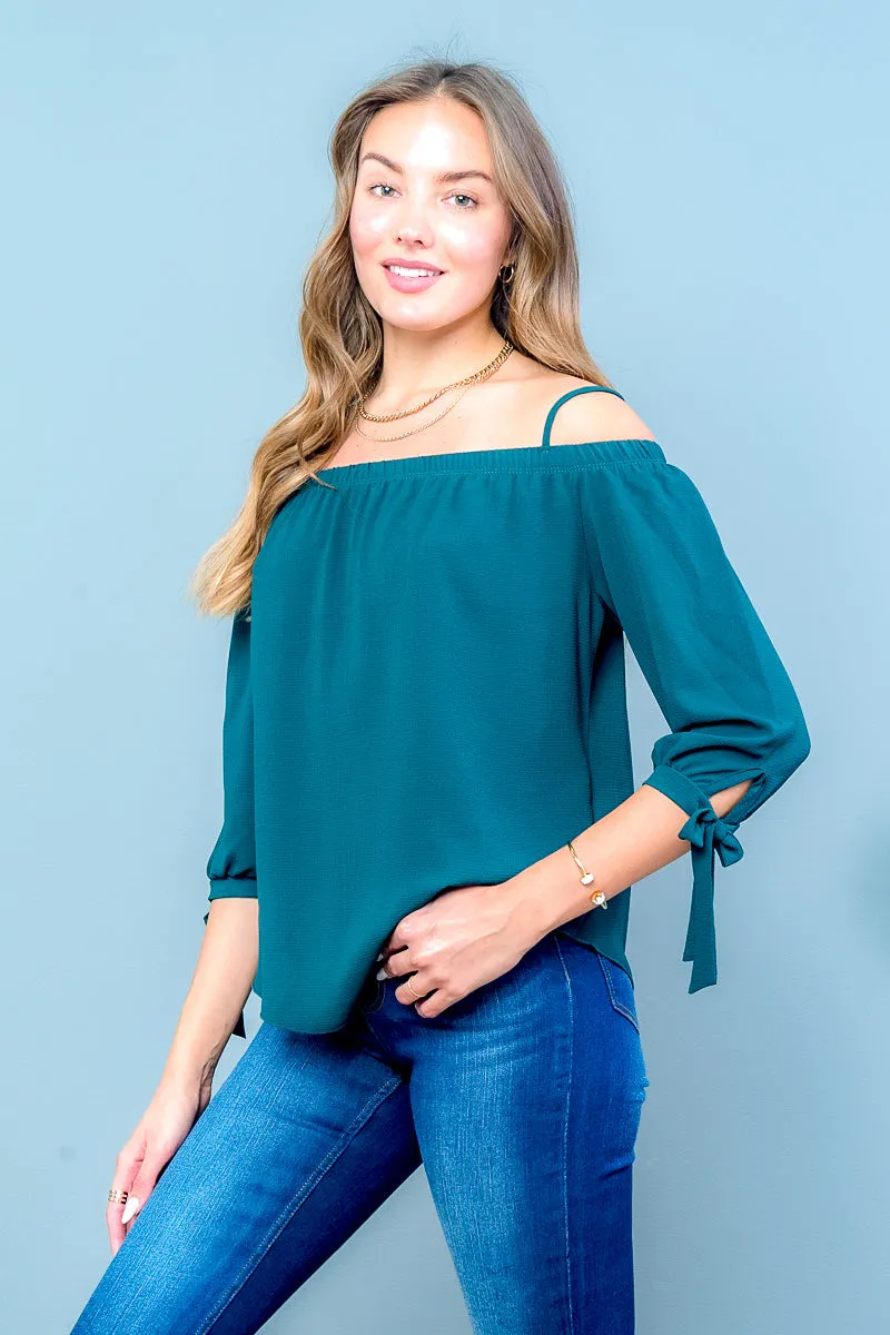 Off Shoulder Blouse with Spaghetti Straps, 3/4 Sleeves, Ties at Cuff, and Sweep Hem (T18325)