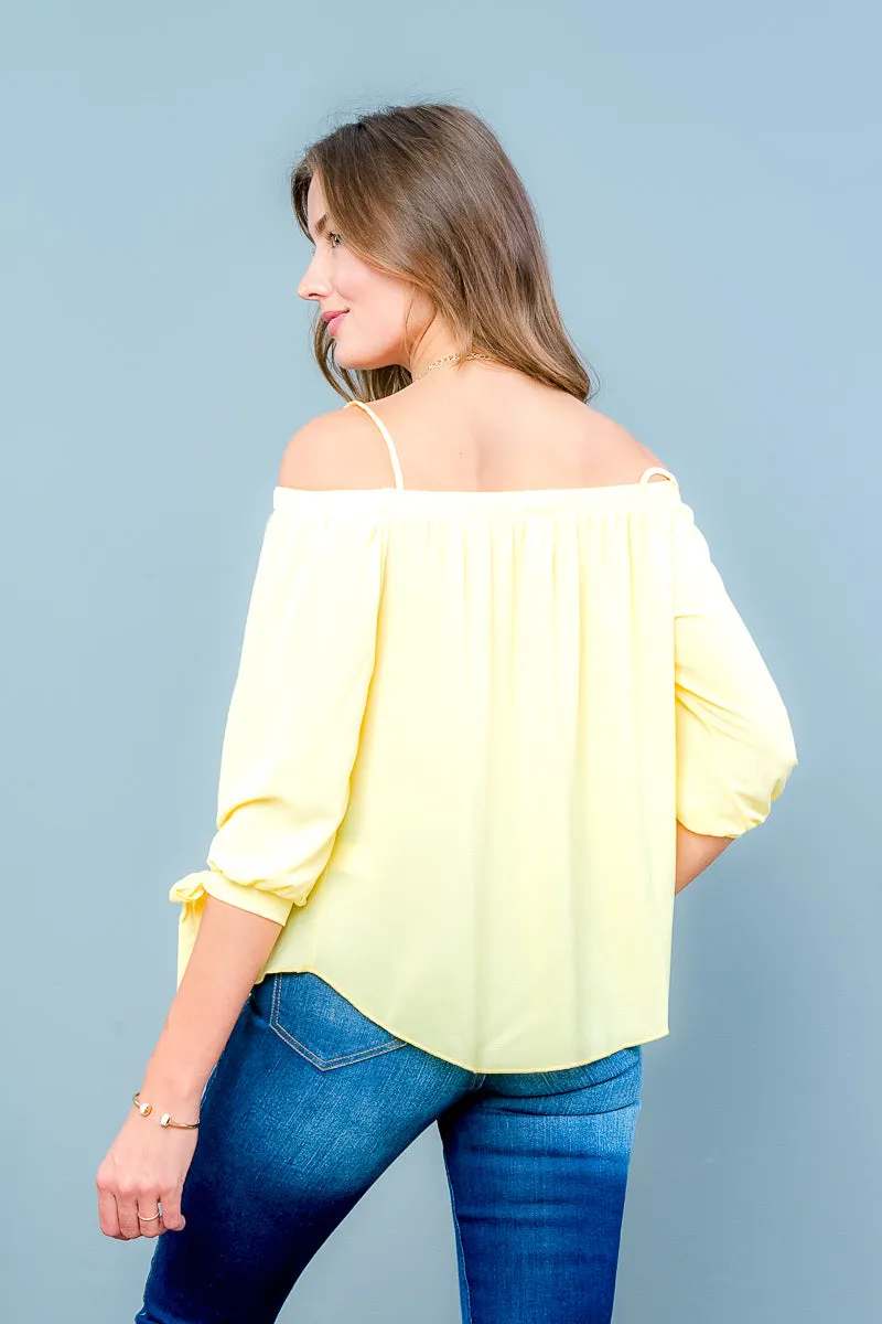 Off Shoulder Blouse with Spaghetti Straps, 3/4 Sleeves, Ties at Cuff, and Sweep Hem (T18325)