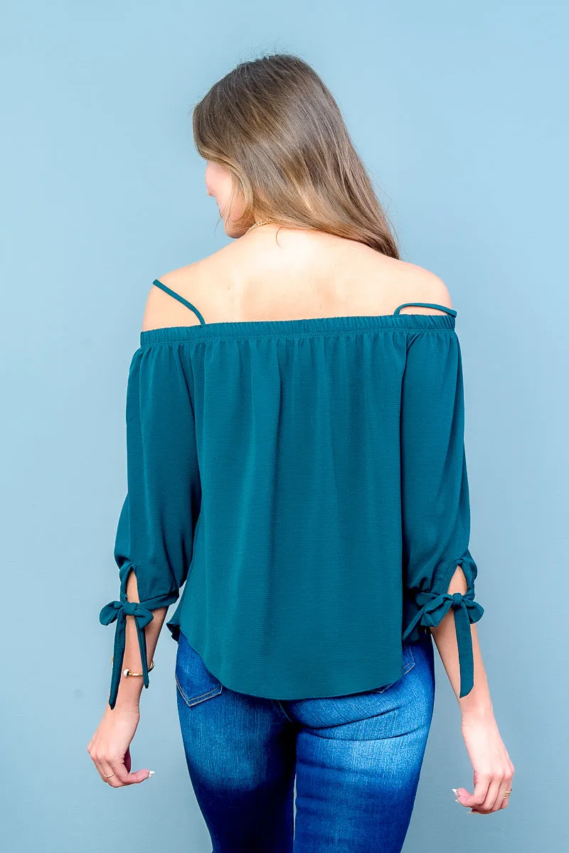 Off Shoulder Blouse with Spaghetti Straps, 3/4 Sleeves, Ties at Cuff, and Sweep Hem (T18325)