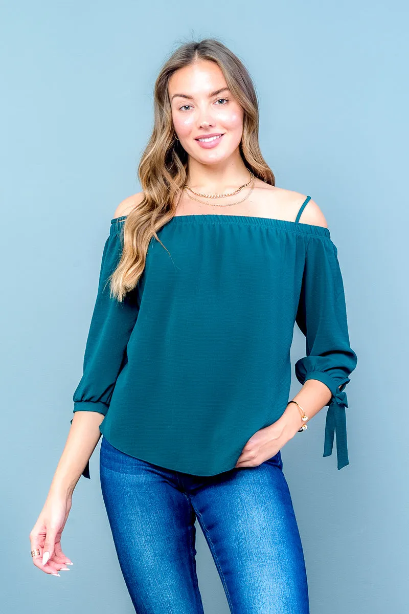 Off Shoulder Blouse with Spaghetti Straps, 3/4 Sleeves, Ties at Cuff, and Sweep Hem (T18325)