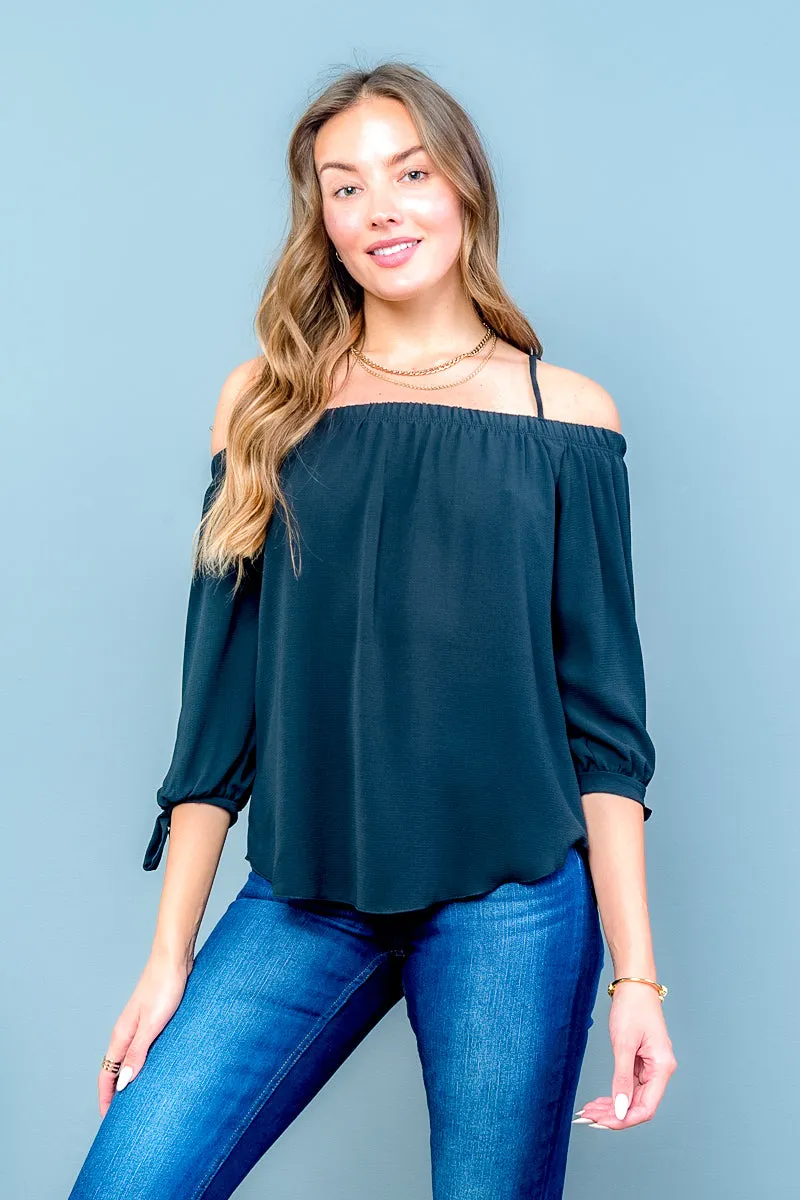 Off Shoulder Blouse with Spaghetti Straps, 3/4 Sleeves, Ties at Cuff, and Sweep Hem (T18325)
