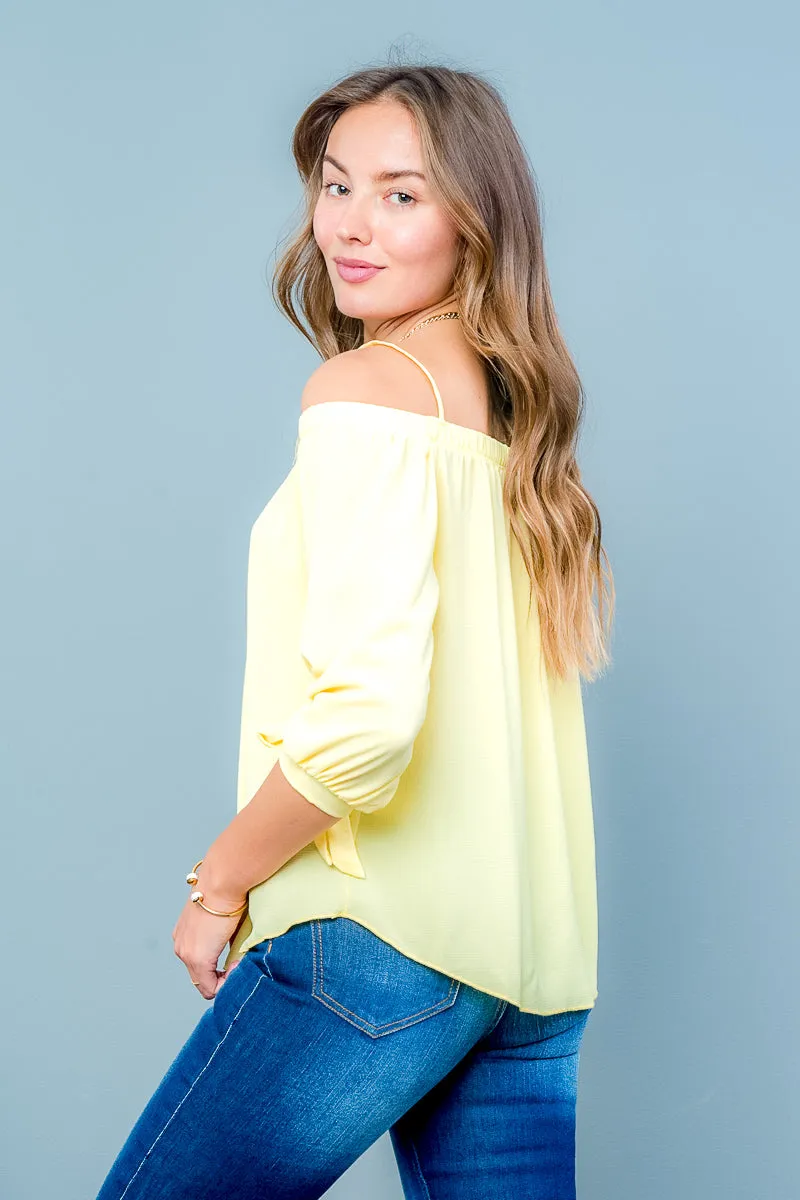 Off Shoulder Blouse with Spaghetti Straps, 3/4 Sleeves, Ties at Cuff, and Sweep Hem (T18325)